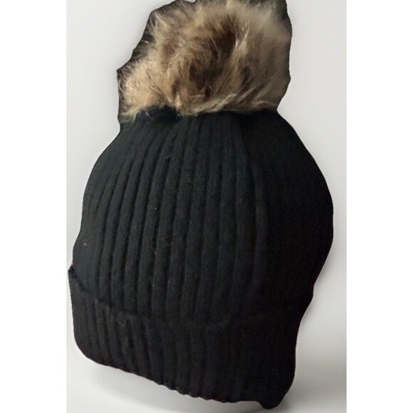 Lucky Brand Winter Faux Fur Pom Pom Hat Brown Rib Knit - Picture 4 of 9